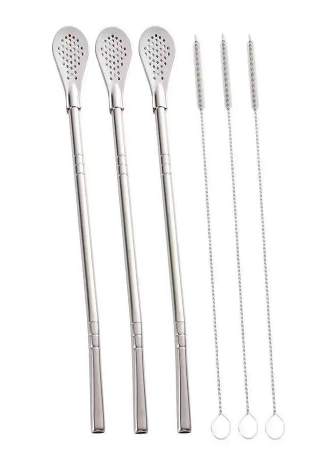 Much Hotter 304 Food-Grade 18/8 Stainless Steel Drinking Filter Straws, Straw 7.2 inch Long Spoon Straws for Mate Tea，Coffee Stirrer Stick for Iced Tea, Cocktail, Set of 3 with 3 Cleaning Brush (silver) - Image 1